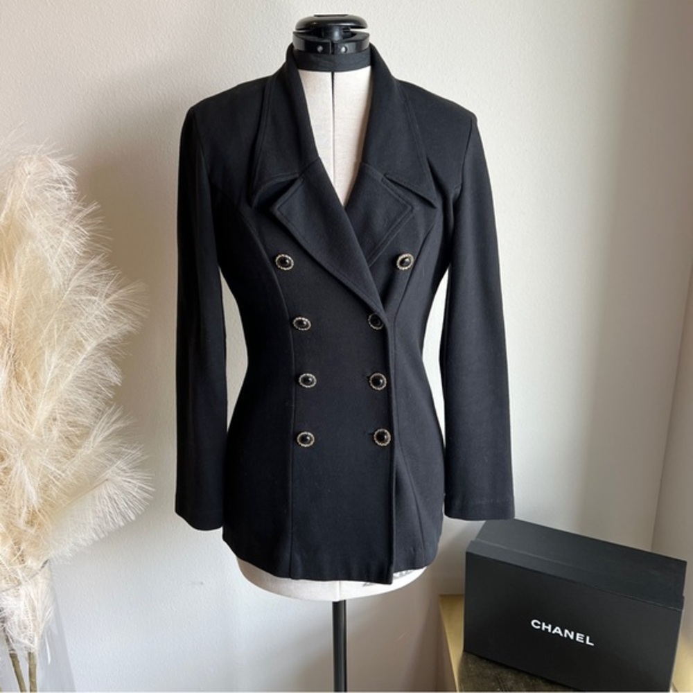 Vintage Moda Intl black stretch knit double breasted blazer 80s 90s